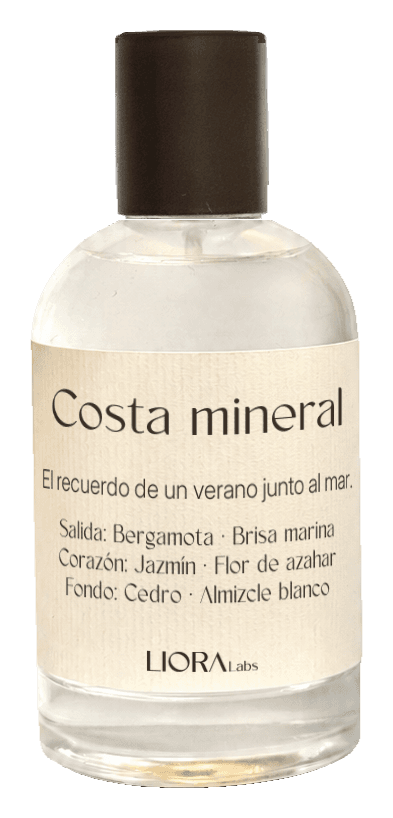 Frasco Liora de 100 ml con la etiqueta de ejemplo «Costa mineral»